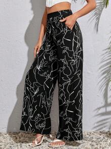 SHEIN Tall 滿版印花闊腿褲 - 黑色 - 查看 4