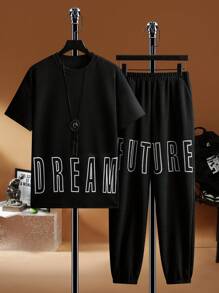 Manfinity LEGND Men Letter Graphic Tee & Joggers - Black - View 3