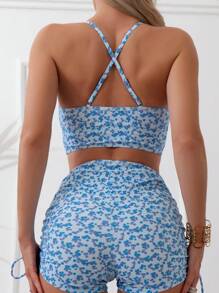 Swim Mod Summer Beach Ditsy Floral Drawstring Side Bikini Set - Blue - View 2
