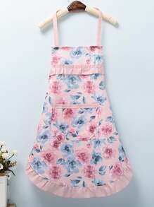 1入組花卉圖案荷葉邊廚房烹飪圍裙現代滌綸防油圍裙適用於花園、廚房和家務 - 彩色 - 查看 1