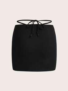 ROMWE Goth Damskie Spódnice Ściągacz Pomarszczona Kokardka z tyłu Prosty Seksowne - Czarne - Zobacz 2