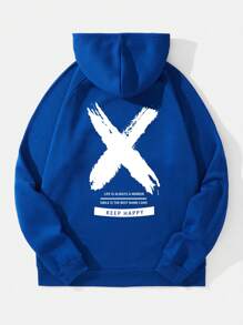 男士標語圖案插肩袖抽繩加絨內裏連帽衫 - 寶藍色 - 查看 1