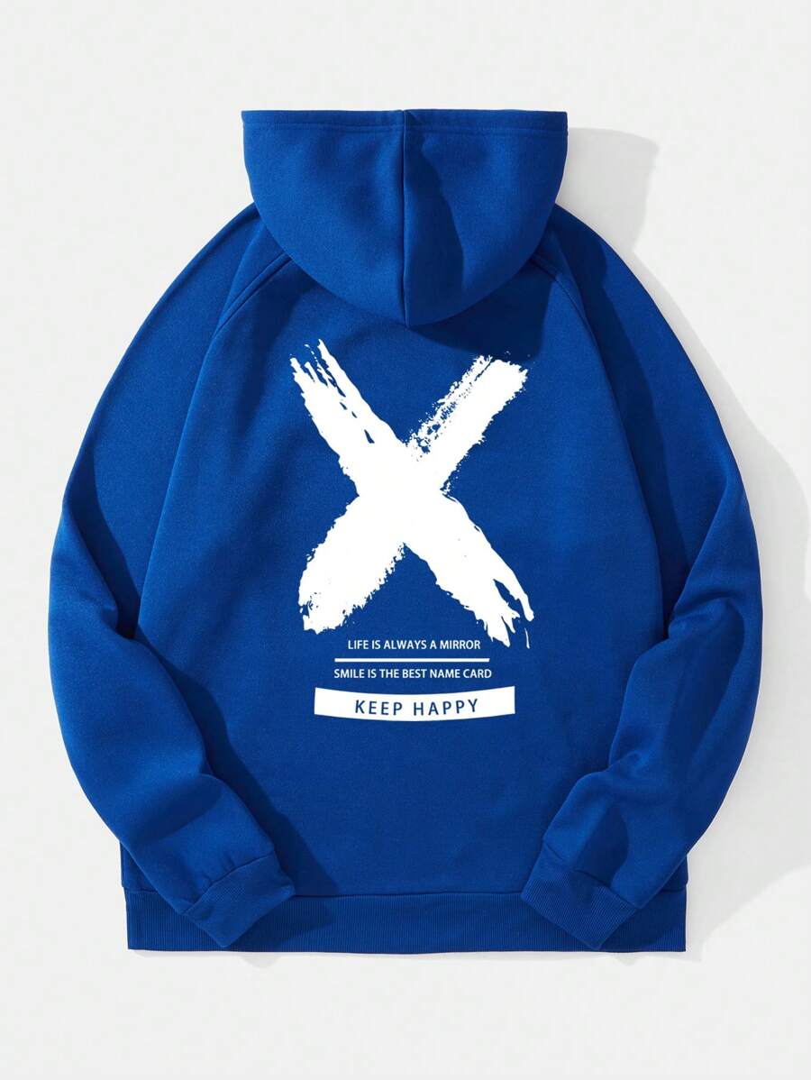 男士標語圖案插肩袖抽繩加絨內裏連帽衫 - 寶藍色 - 查看 1