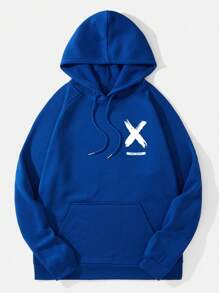 男士標語圖案插肩袖抽繩加絨內裏連帽衫 - 寶藍色 - 查看 2