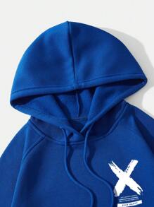 男士標語圖案插肩袖抽繩加絨內裏連帽衫 - 寶藍色 - 查看 3