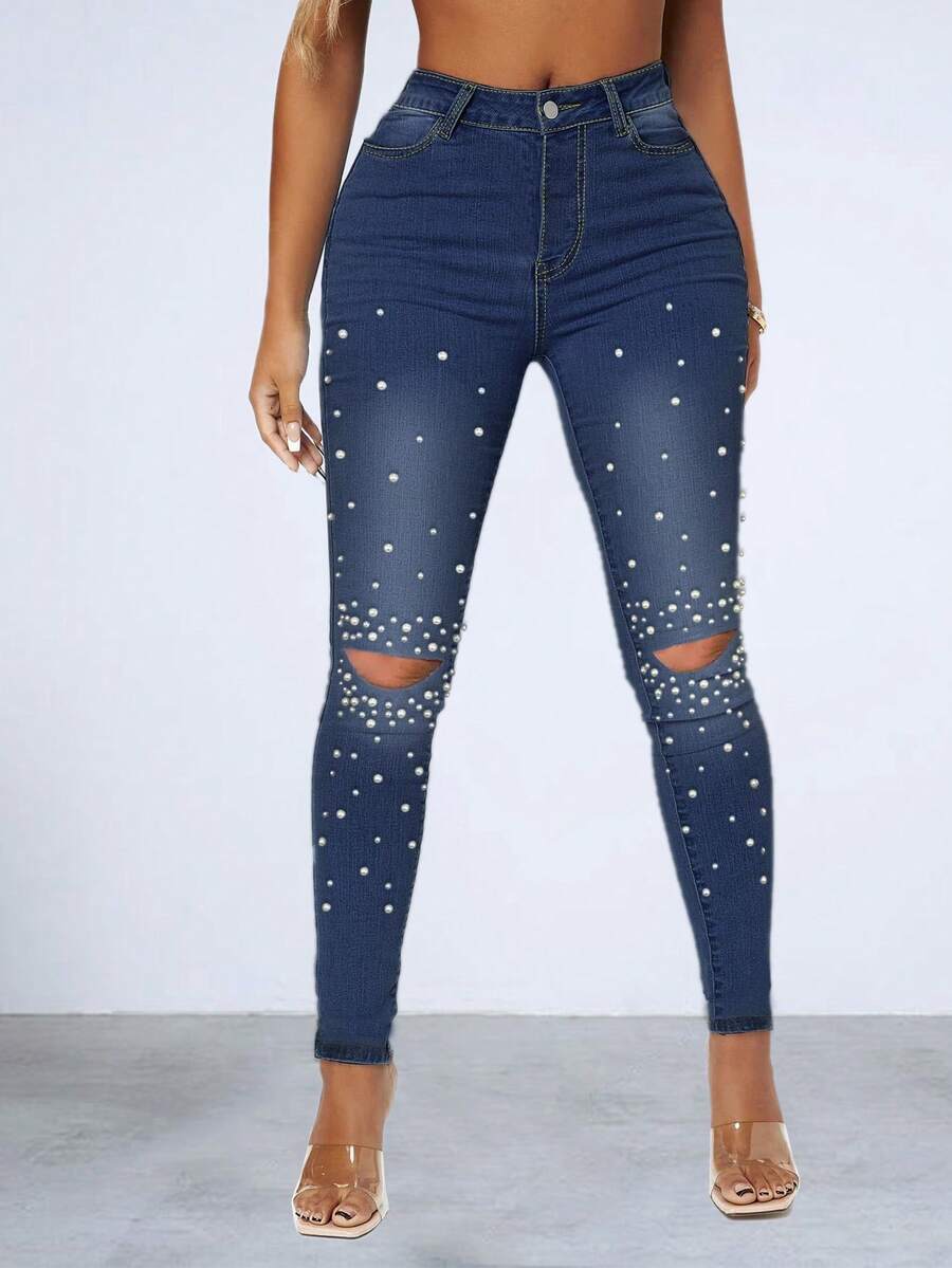 珍珠球鑲嵌瘦身褲 - 深色水洗藍 - 查看 1