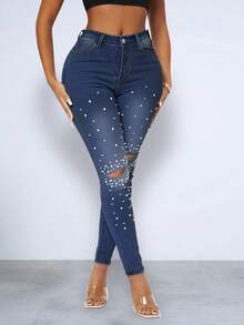 珍珠球鑲嵌瘦身褲 - 深色水洗藍 - 查看 3