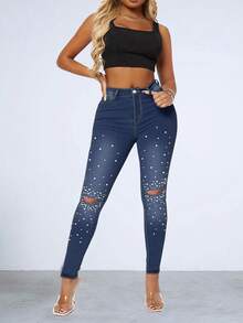 珍珠球鑲嵌瘦身褲 - 深色水洗藍 - 查看 5