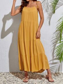 SHEIN Tall Đầm Thắt nút Viên lá sen mép màu trơn Boho - Màu Mù tạt vàng - Xem 1