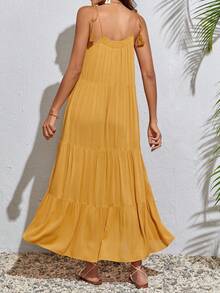 SHEIN Tall Đầm Thắt nút Viên lá sen mép màu trơn Boho - Màu Mù tạt vàng - Xem 2