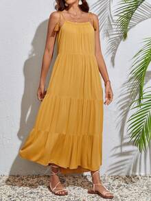 SHEIN Tall Đầm Thắt nút Viên lá sen mép màu trơn Boho - Màu Mù tạt vàng - Xem 4