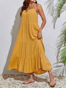 SHEIN Tall Đầm Thắt nút Viên lá sen mép màu trơn Boho - Màu Mù tạt vàng - Xem 5