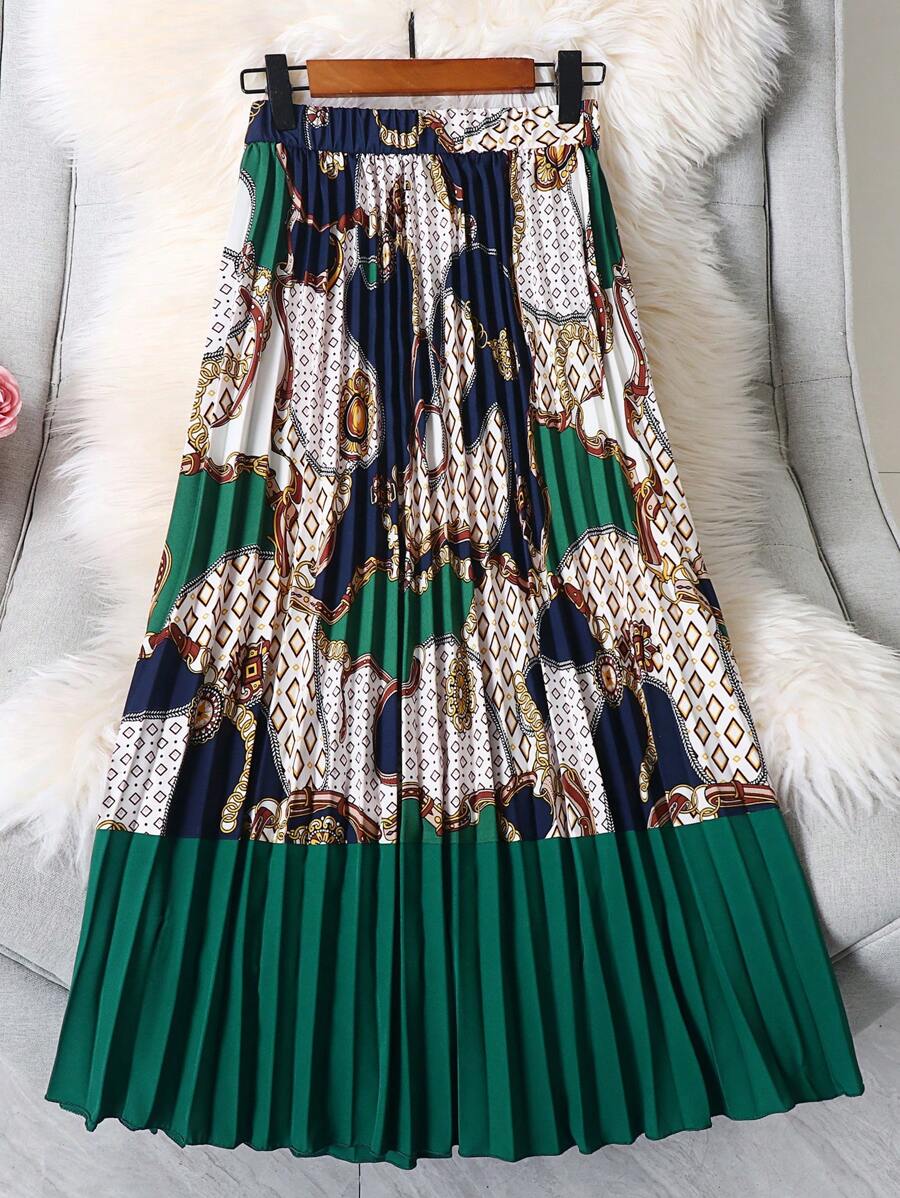 SHEIN Clasi Plus Chain Print Pleated Skirt - Green - View 1