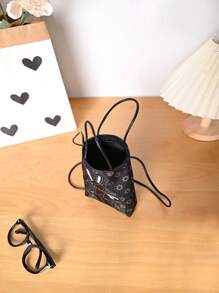 Metoo Tiramitu 1pc Waterproof Girls' Composite Material Crossbody Bag With Cartoon Rabbit Print And Closure, Including Pu Cord And Phone Case - Black - View 4