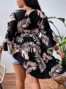 SHEIN LUNE 大碼熱帶圖案不對稱下擺腰帶襯衫 - 黑色 - 查看 2