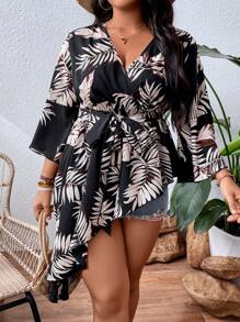 SHEIN LUNE 大碼熱帶圖案不對稱下擺腰帶襯衫 - 黑色 - 查看 4