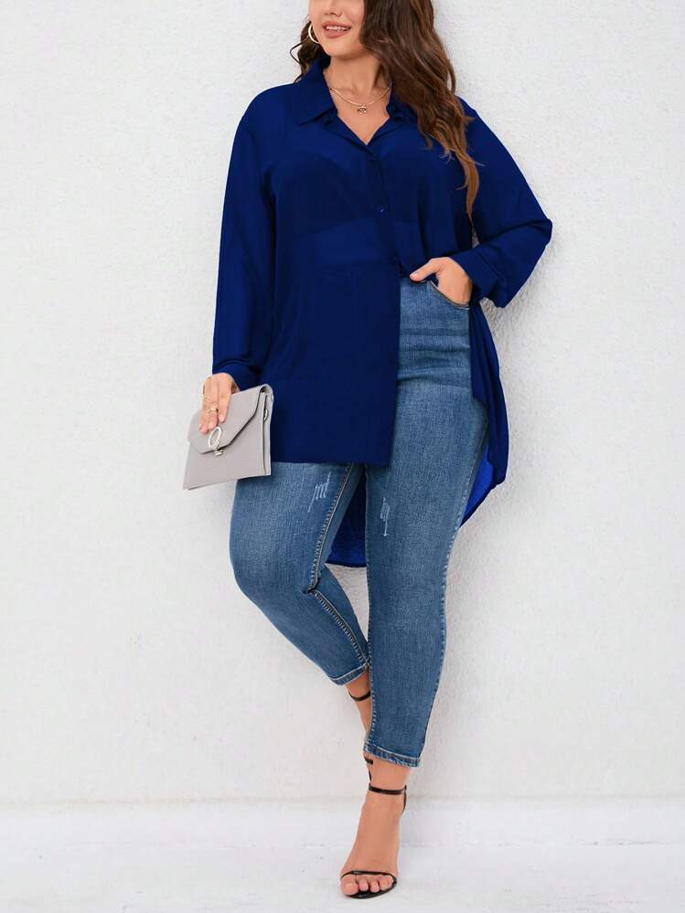 SHEIN LUNE พลัส เสื้อเชิ้ต สีพื้น กระดุมด้านหน้า ชายเอียง - สีน้ำเงินเข้ม - ดู 3