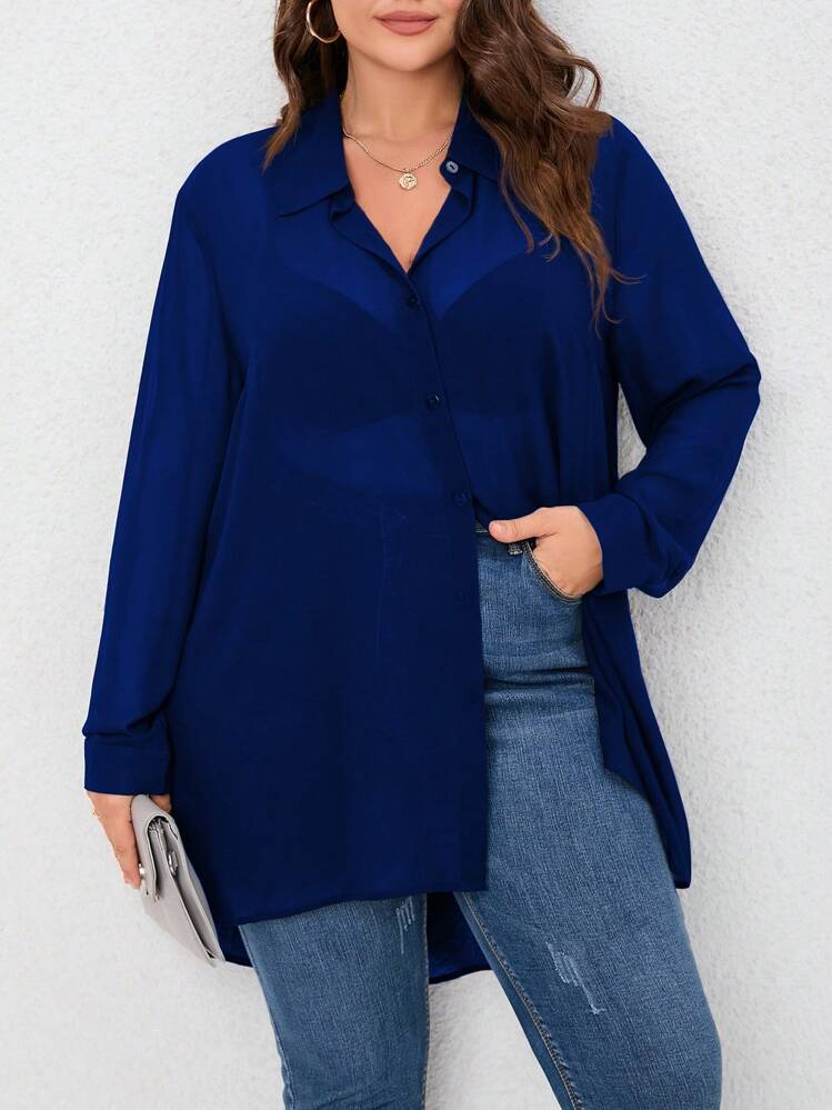 SHEIN LUNE พลัส เสื้อเชิ้ต สีพื้น กระดุมด้านหน้า ชายเอียง - สีน้ำเงินเข้ม - ดู 6