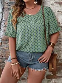 SHEIN LUNE 大碼滿版印花荷葉袖襯衫 - 薄荷綠 - 查看 1