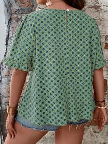 SHEIN LUNE 大碼滿版印花荷葉袖襯衫 - 薄荷綠 - 查看 2