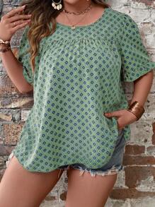 SHEIN LUNE 大碼滿版印花荷葉袖襯衫 - 薄荷綠 - 查看 4