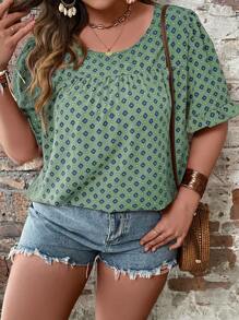 SHEIN LUNE 大碼滿版印花荷葉袖襯衫 - 薄荷綠 - 查看 5