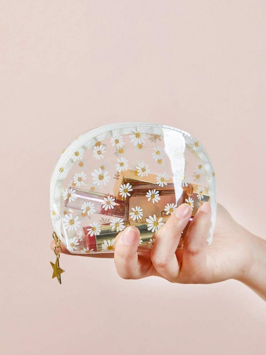 雏菊印花透明圆顶化妆包收纳化妆品收纳盒化妆盒 - 無色 - 查看 1