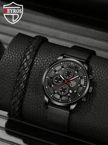 Đồng hồ thạch anh 1 mảnh dành cho nam có dây đeo bằng lưới và đồng hồ đeo tay 1 mảnh - màu đen - Xem 1