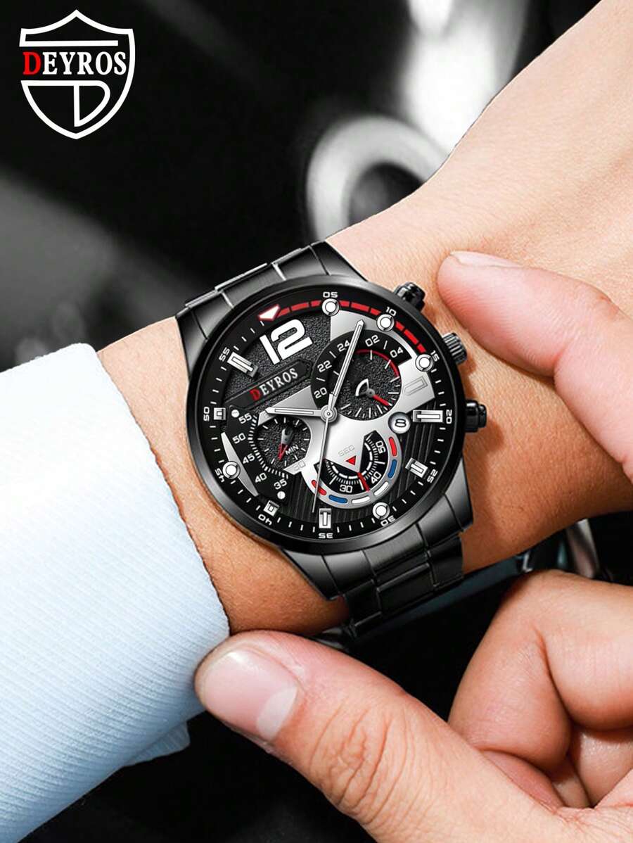 DEYROS Đồng hồ thạch anh 3 mặt số dành cho nam - màu đen - Xem 1