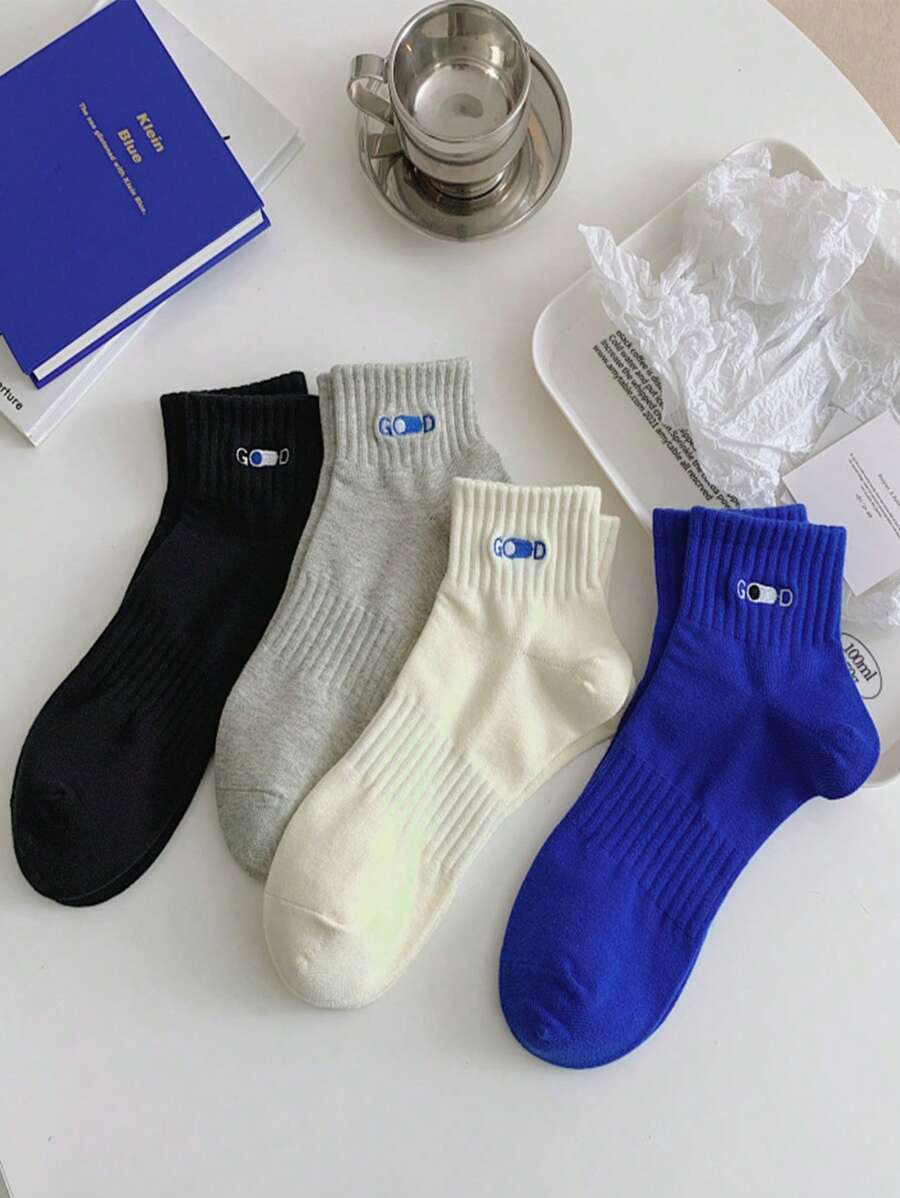 4雙男士字母刺繡中筒襪 - 彩色 - 查看 1