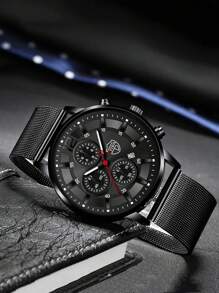 Đồng hồ thạch anh 1 mảnh dành cho nam có dây đeo bằng lưới và đồng hồ đeo tay 1 mảnh - màu đen - Xem 2