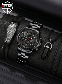 DEYROS 1 pieza Hombres Reloj cuarzo de puntero redondo & 2 piezas Set joya - Negro - Ver 1