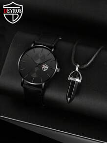 DEYROS 1pc Men Round Pointer Quartz Watch & 1pc Necklace - Black - View 1
