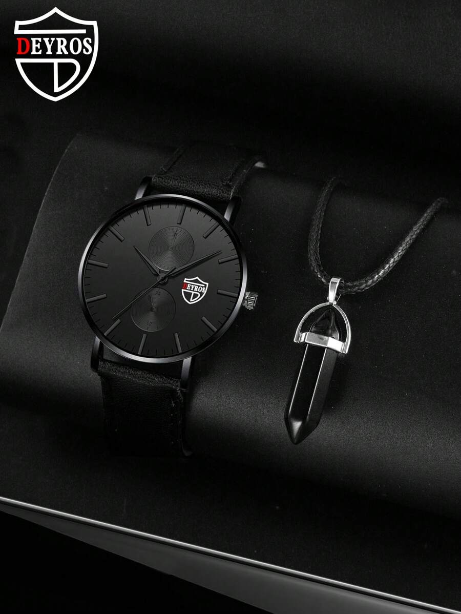 DEYROS 1pc Men Round Pointer Quartz Watch & 1pc Necklace - Black - View 1
