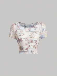 SHEIN MOD Floral Print Lettuce Trim Crop Top - Multicolor - View 1
