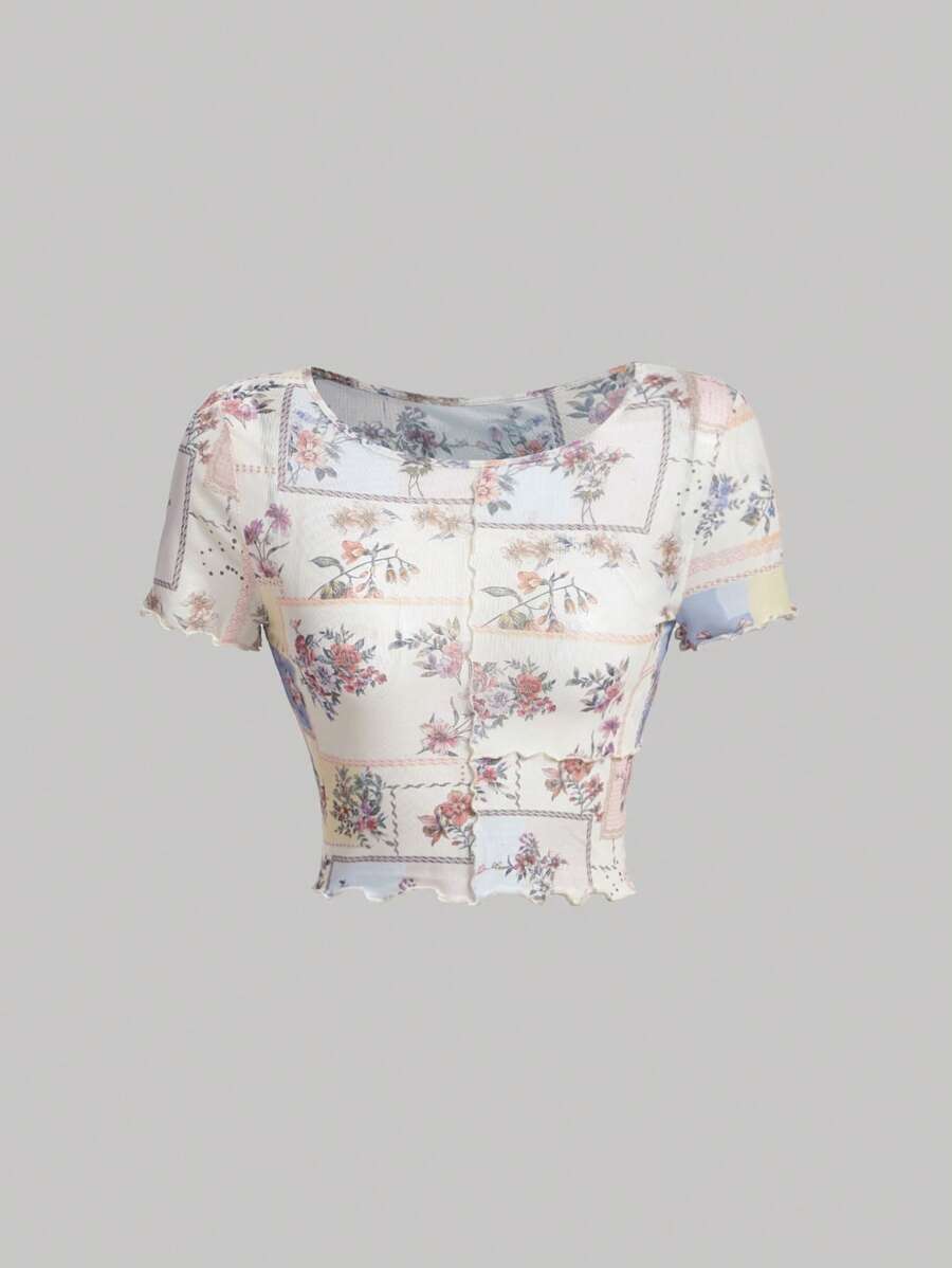 SHEIN MOD Floral Print Lettuce Trim Crop Top - Multicolor - View 1