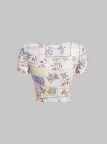 SHEIN MOD Floral Print Lettuce Trim Crop Top - Multicolor - View 2