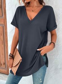 SHEIN LUNE 素色蝙蝠袖V領T恤 - 墨綠色 - 查看 1