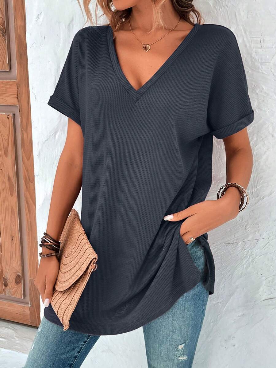 SHEIN LUNE 素色蝙蝠袖V領T恤 - 墨綠色 - 查看 1