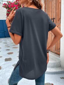 SHEIN LUNE 素色蝙蝠袖V領T恤 - 墨綠色 - 查看 2