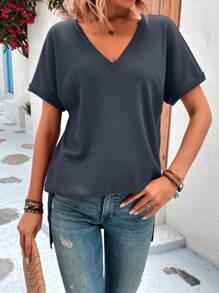 SHEIN LUNE 素色蝙蝠袖V領T恤 - 墨綠色 - 查看 5