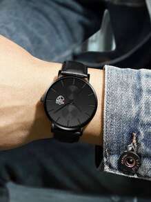 DEYROS 1pc Men Round Pointer Quartz Watch & 1pc Necklace - Black - View 3