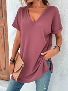 SHEIN LUNE 素色蝙蝠袖V領T恤 - 紅木色 - 查看 1