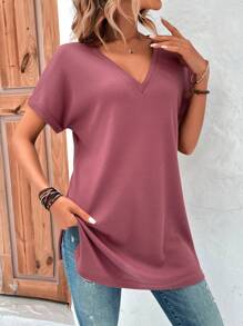 SHEIN LUNE 素色蝙蝠袖V領T恤 - 紅木色 - 查看 3