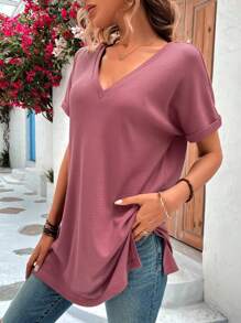SHEIN LUNE 素色蝙蝠袖V領T恤 - 紅木色 - 查看 4