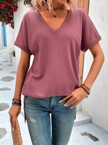 SHEIN LUNE 素色蝙蝠袖V領T恤 - 紅木色 - 查看 5