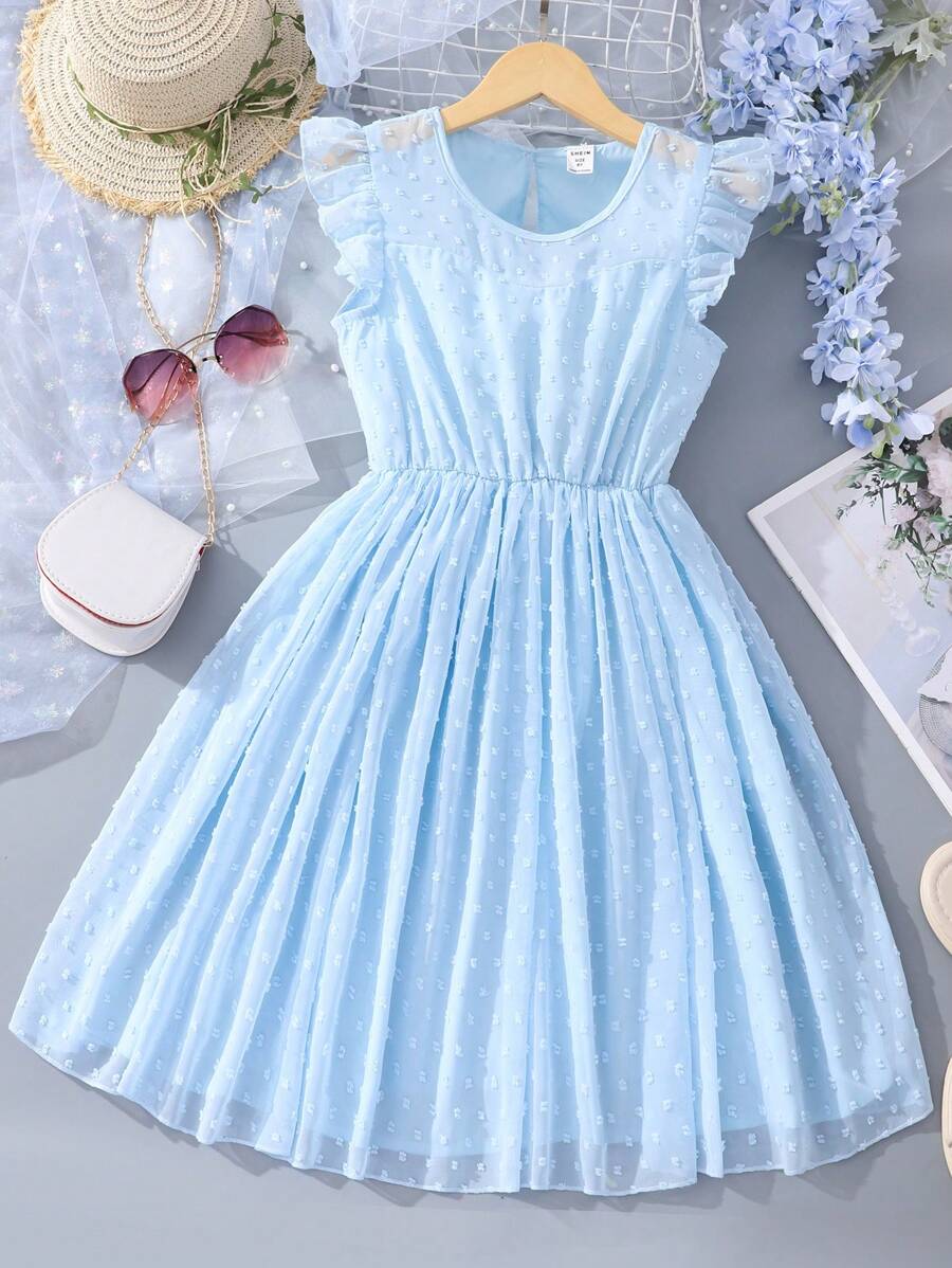 女孩圓點荷葉邊A字洋裝 - 藍色 - 查看 1