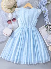 女孩圓點荷葉邊A字洋裝 - 藍色 - 查看 2