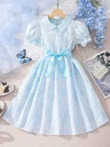 Girls Jacquard Puff Sleeve Dress - Blue - View 1
