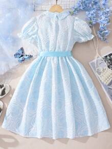 Girls Jacquard Puff Sleeve Dress - Blue - View 2